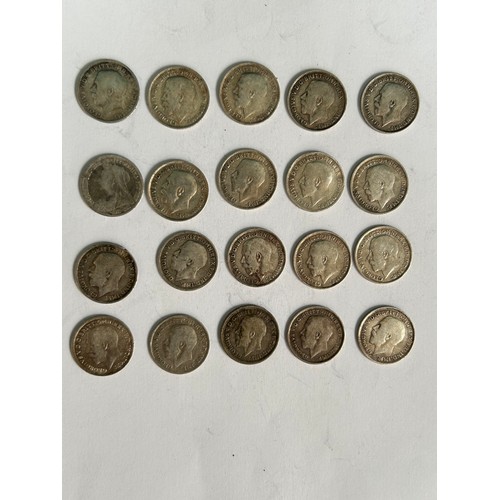 119K - 20 X Threepence coins , 19 of them silver including 1900, 1912, 1916 x4, 1917 x 5, 1918 x 5, 1919 x ... 