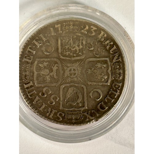 119G - A rare silver 1723 George I Shilling, South Sea Company issue, crowned cruciform shields, garter sta... 