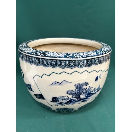 397 - Large blue & white Chinese Fishbowl Planter, the sides decorated with panels of flower and landscape... 