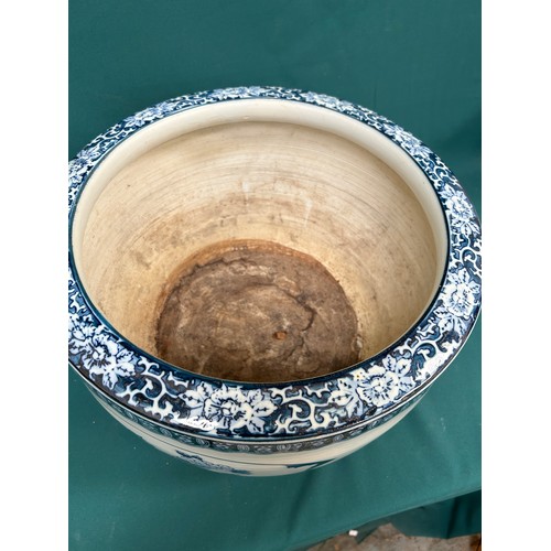 397 - Large blue & white Chinese Fishbowl Planter, the sides decorated with panels of flower and landscape... 