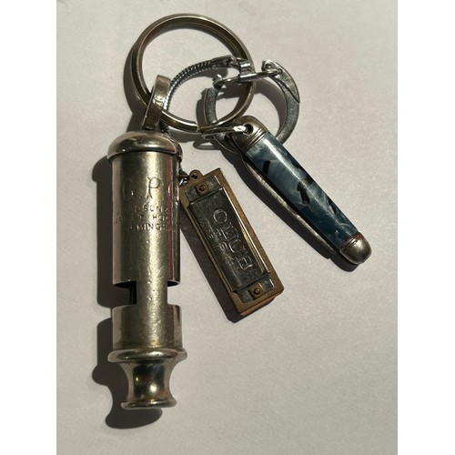 119B - Key ring with a vintage G.P.O. Whistle marked  Hudson & Co, Barr St Hockley, Birmingham together wit... 