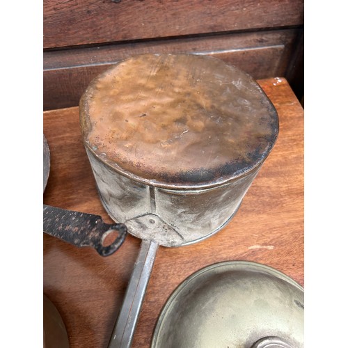 293 - 3 vintage copper pans, a metal skillet and a 19th Century plated meat dish cover for a steam ship - ... 