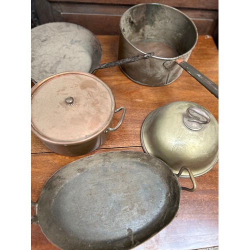 293 - 3 vintage copper pans, a metal skillet and a 19th Century plated meat dish cover for a steam ship - ... 