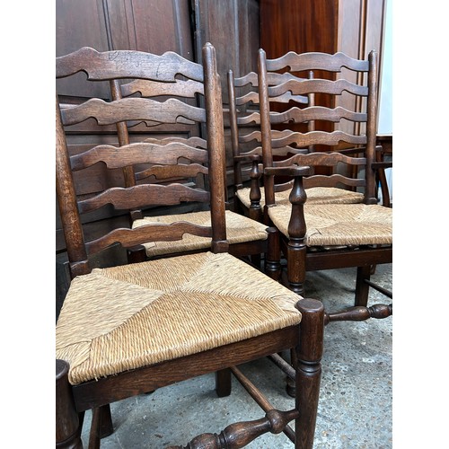 446 - Good set of eight 20th Century solid oak ladderback dining chairs including two carvers,  with drop ... 