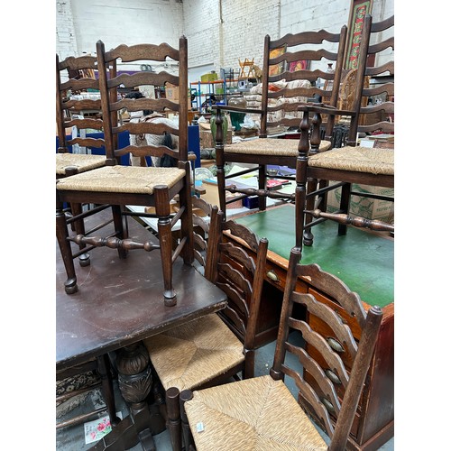 446 - Good set of eight 20th Century solid oak ladderback dining chairs including two carvers,  with drop ... 