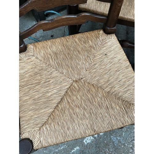 446 - Good set of eight 20th Century solid oak ladderback dining chairs including two carvers,  with drop ... 