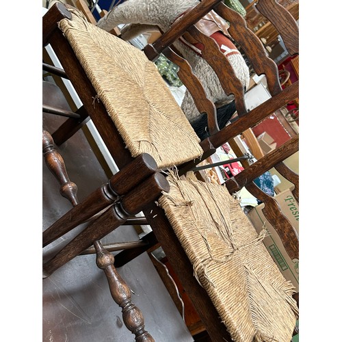 446 - Good set of eight 20th Century solid oak ladderback dining chairs including two carvers,  with drop ... 