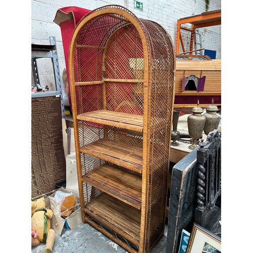 444 - Retro vintage cane rattan shelves. Four shelves, three adjustable