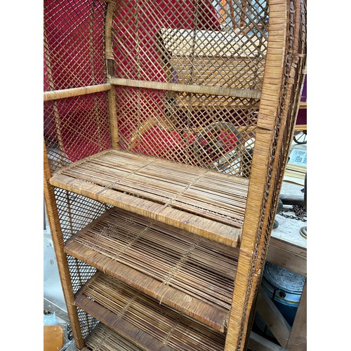 444 - Retro vintage cane rattan shelves. Four shelves, three adjustable