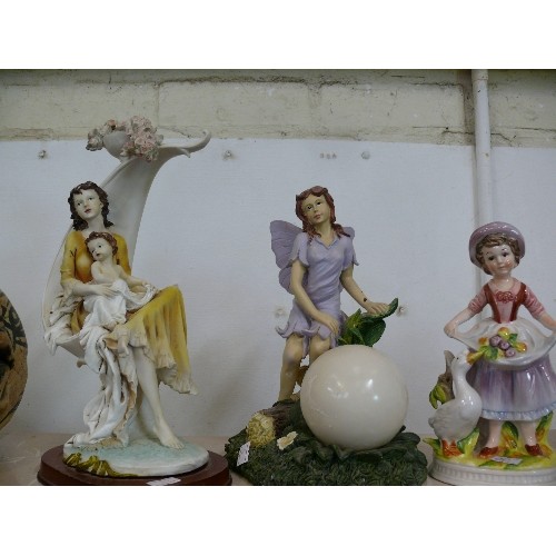 74 - A FAIRY FIGURE WITH GLOBE PLUS A MOTHER AND CHILD FIGURE AND A GIRL AND GOOSE FIGURE