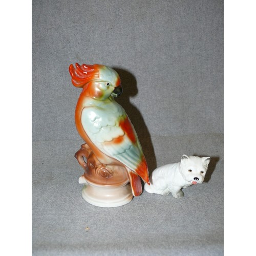 237 - A VINTAGE FINE PORCELAIN PARROT FIGURINE HAT PIN HOLDER PLUS A PORCELAIN CAIRN TERRIER FIGURINE