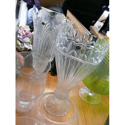 349 - 2 VERY LARGE CRYSTAL VASES PLUS 4 FURTHER GLASS VASES