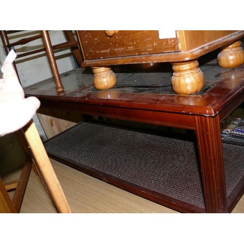 408 - Mahogany glass top coffee table with rattan lower shelf