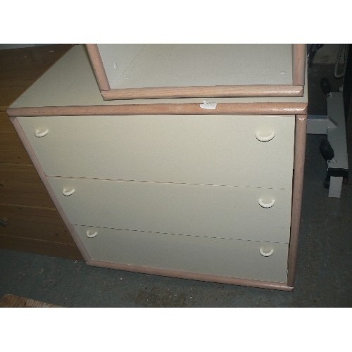 417 - RETRO MELAMINE  CHEST OF 3 DRAWERS AND MATCHING BEDSIDE CABINET