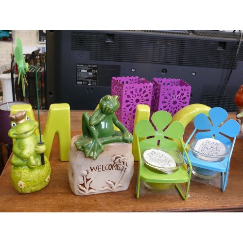 433 - CANDLE HOLDERS, FROG ORNAMENTS AND POTTERY LETTERS