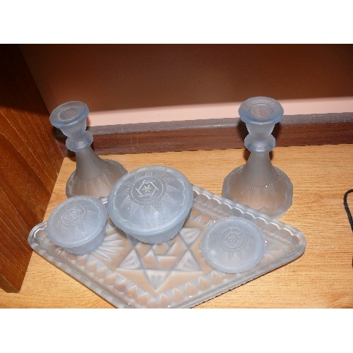 454 - 1940'S FROSTED BLUE GLASS DRESSING TABLE SET