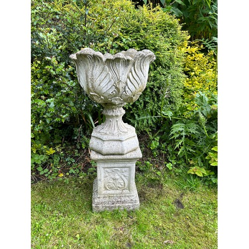 327A - An impressive pair of vintage acanthus urn planters in cast simulated stone, on square plinths. Very... 