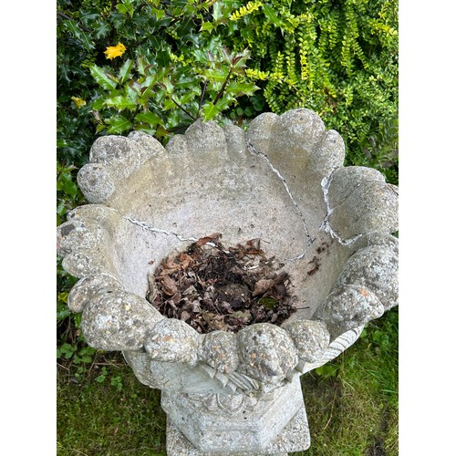 327A - An impressive pair of vintage acanthus urn planters in cast simulated stone, on square plinths. Very... 