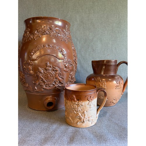 201A - 19th Century Saltglaze Stoneware including a Spirit Barrel with Royal Crest, a Fulham pottery jug wi... 