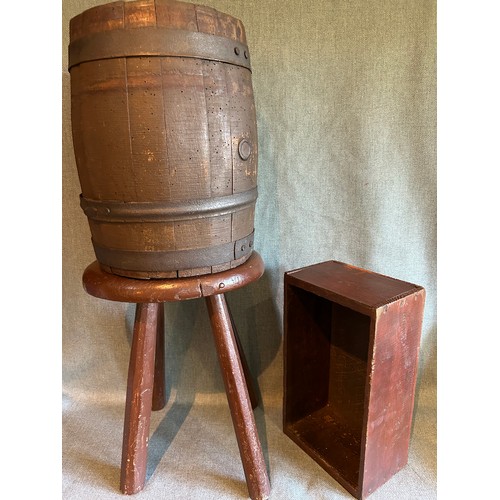 201B - Antique rustic treen including a four legged stool, a small barrel with iron bands and a Farrier's h... 