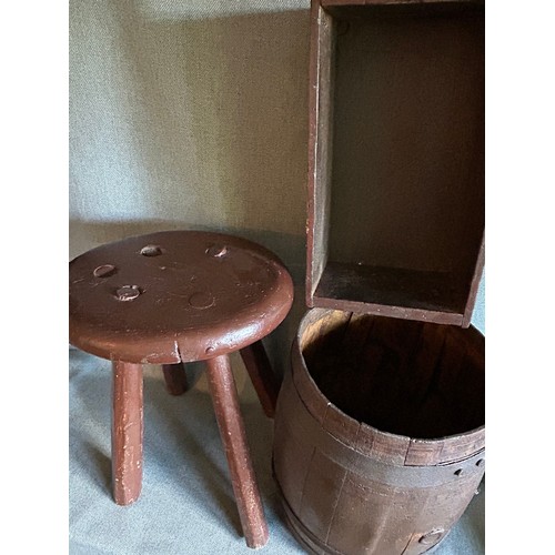 201B - Antique rustic treen including a four legged stool, a small barrel with iron bands and a Farrier's h... 