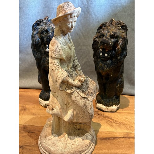 327D - Three vintage & nicely weathered cast stone garden statues including a pair of lions painted black 5... 