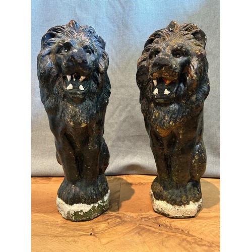 327D - Three vintage & nicely weathered cast stone garden statues including a pair of lions painted black 5... 