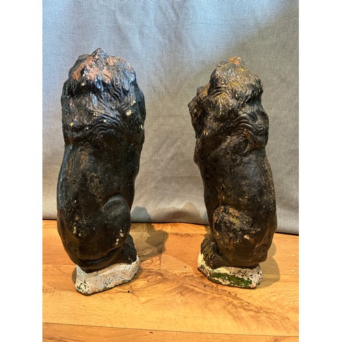 327D - Three vintage & nicely weathered cast stone garden statues including a pair of lions painted black 5... 