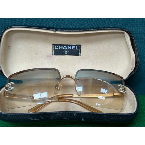 74A - Pair of genuine Chanel square rimless sunglasses with diamante Chanel logo. With original case