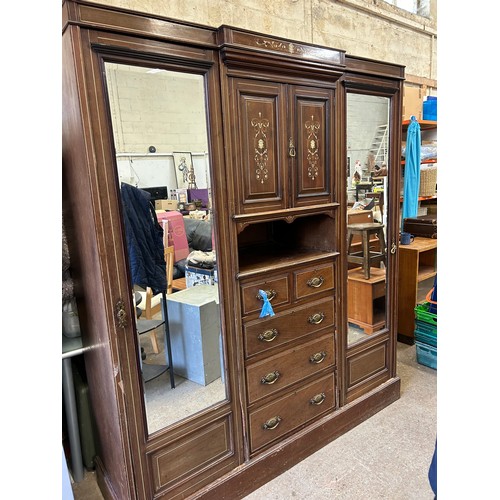 467 - Large Victorian Compactum Wardrobe with hanging rails, cupboard & drawers, inlaid with mask head det... 