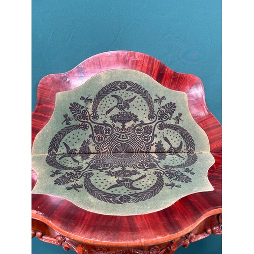 451A - Victorian mahogany fold over card table with acanthus leaf carving to column and carved flowers to t... 