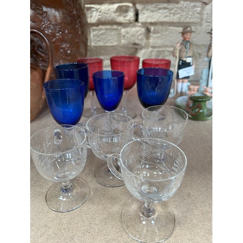 204 - Good selection of Victorian glass including 4 bristol blue wine glasses on clear stems, 3 cranberry ... 