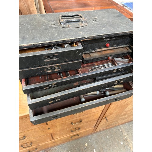 416 - Vintage engineers wooden tool chest of seven drawers with contents of tools