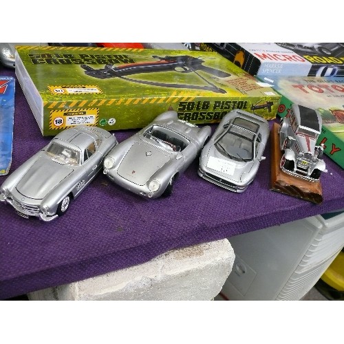 111 - 4 VARIOUS SILVER COLOURED CAR MODELS JAGUAR, PORSCHE, MERCEDES ETC