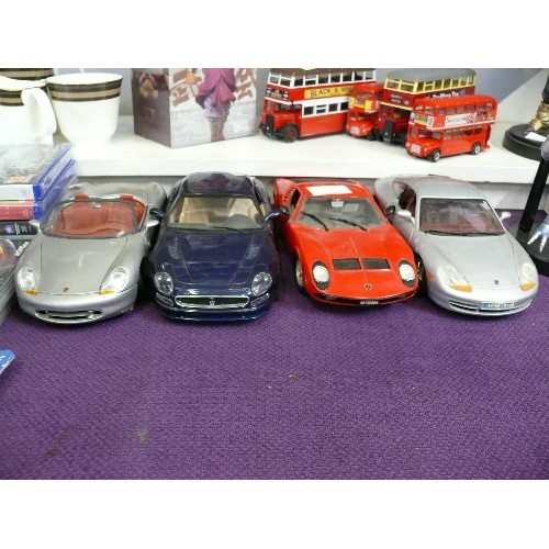 113 - 4 x MODEL CARS -  PORSCHE BOXSTER - MAISTO, PORSCHE CARRERA 911 - BURAGO, MASERATI-BURAGO AND A LAMB... 