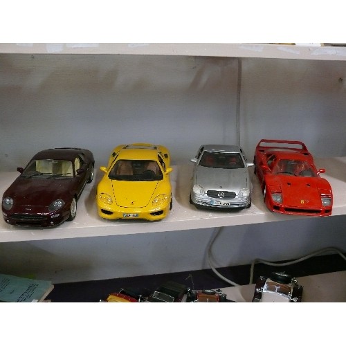 76 - A COLLECTION OF 4 1/18 SCALE MODELS OF CARS TO INCLUDE FERRARI F40 BY TONKA, MERCEDES BENZ SLK230, F... 
