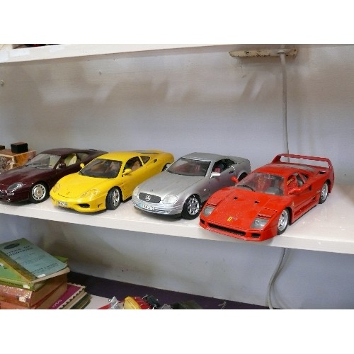 76 - A COLLECTION OF 4 1/18 SCALE MODELS OF CARS TO INCLUDE FERRARI F40 BY TONKA, MERCEDES BENZ SLK230, F... 