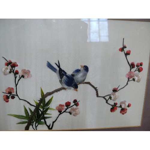 152 - HAND EMBROIDERED SILK PICTURE, BIRDS ON BLOSSOM, FRAMED AND GLAZED