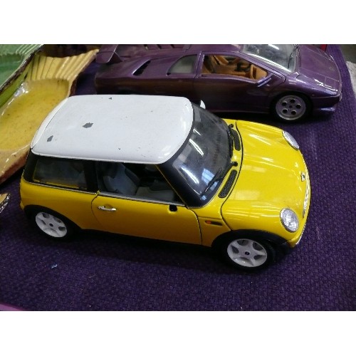 155 - 3 X LARGE MODEL CARS - BURAGO MINI COOPER, LAMBORGHINI - MAISTO AND BURAGO LAMBORGHINI