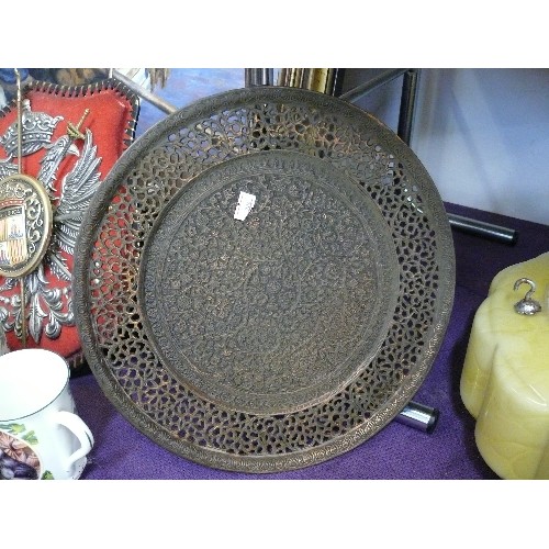 158 - ANTIQUE KASHMIRI COPPER TRAY WITH PIERCED RIM