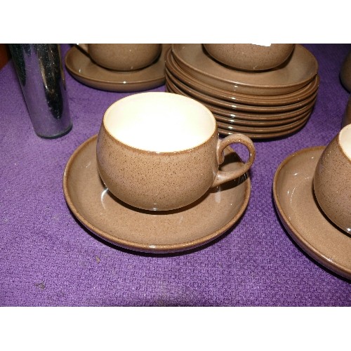 163 - DENBY CINNAMON PART TEA SET, 4 CUPS, 6 SIDEPLATES, 4 SAUCERS, SUGAR AND CREAMER