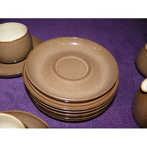 163 - DENBY CINNAMON PART TEA SET, 4 CUPS, 6 SIDEPLATES, 4 SAUCERS, SUGAR AND CREAMER