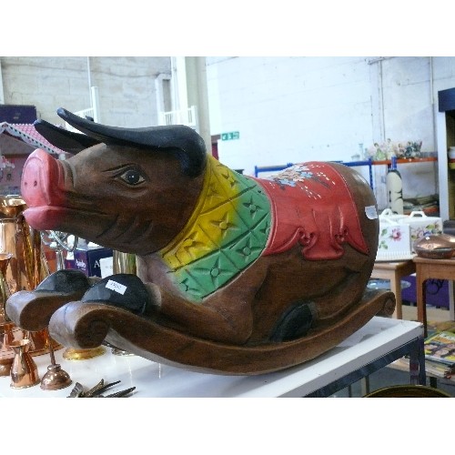 281 - A LOVELY CARVED WOODEN ROCKING PIG