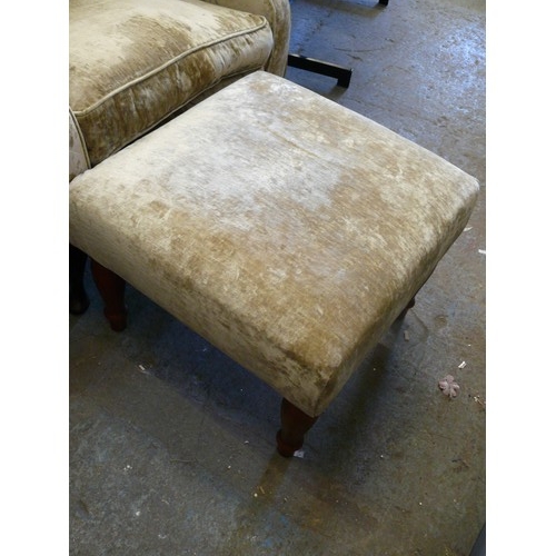 450 - A CREAM VELVET WING BACK ARMCHAIR WITH MATCHING FOOTSTOOL