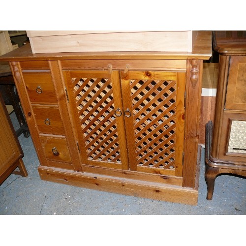 458 - A PINE CABINET WITH 2 FRETWORK DOORS AND 3 DRAWERS