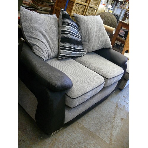 436 - A  COMFORTABLE 2 SEAT GREY AND BLACK SOFA WITH UPHOLSTERY CUSHIONS AND FAUX LEATHER ARMS PLUS A LARG... 