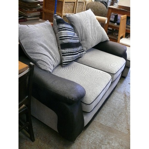 436 - A  COMFORTABLE 2 SEAT GREY AND BLACK SOFA WITH UPHOLSTERY CUSHIONS AND FAUX LEATHER ARMS PLUS A LARG... 