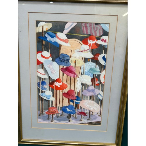 519 - A charming original watercolour of a hat shop window by G Beswick 2000. Image size 40cm x 25cm - fra... 