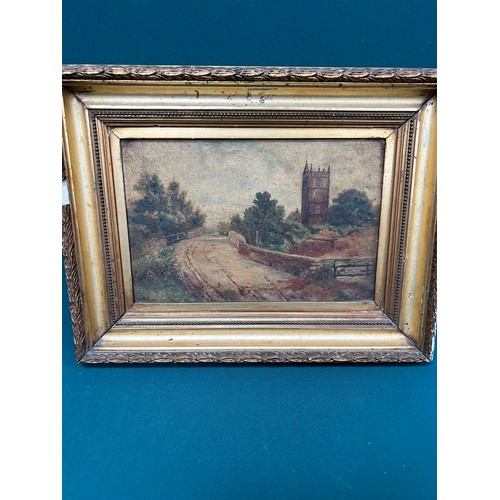 522 - 19th Century Oil Painting on canvas of a village church and bridge, probably South Lincolnshire, Sig... 