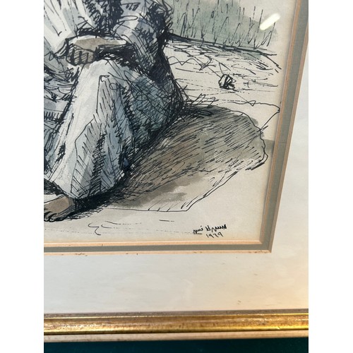 525 - An unusual pen and wash watercolour of a couple writing a letter, entitled 